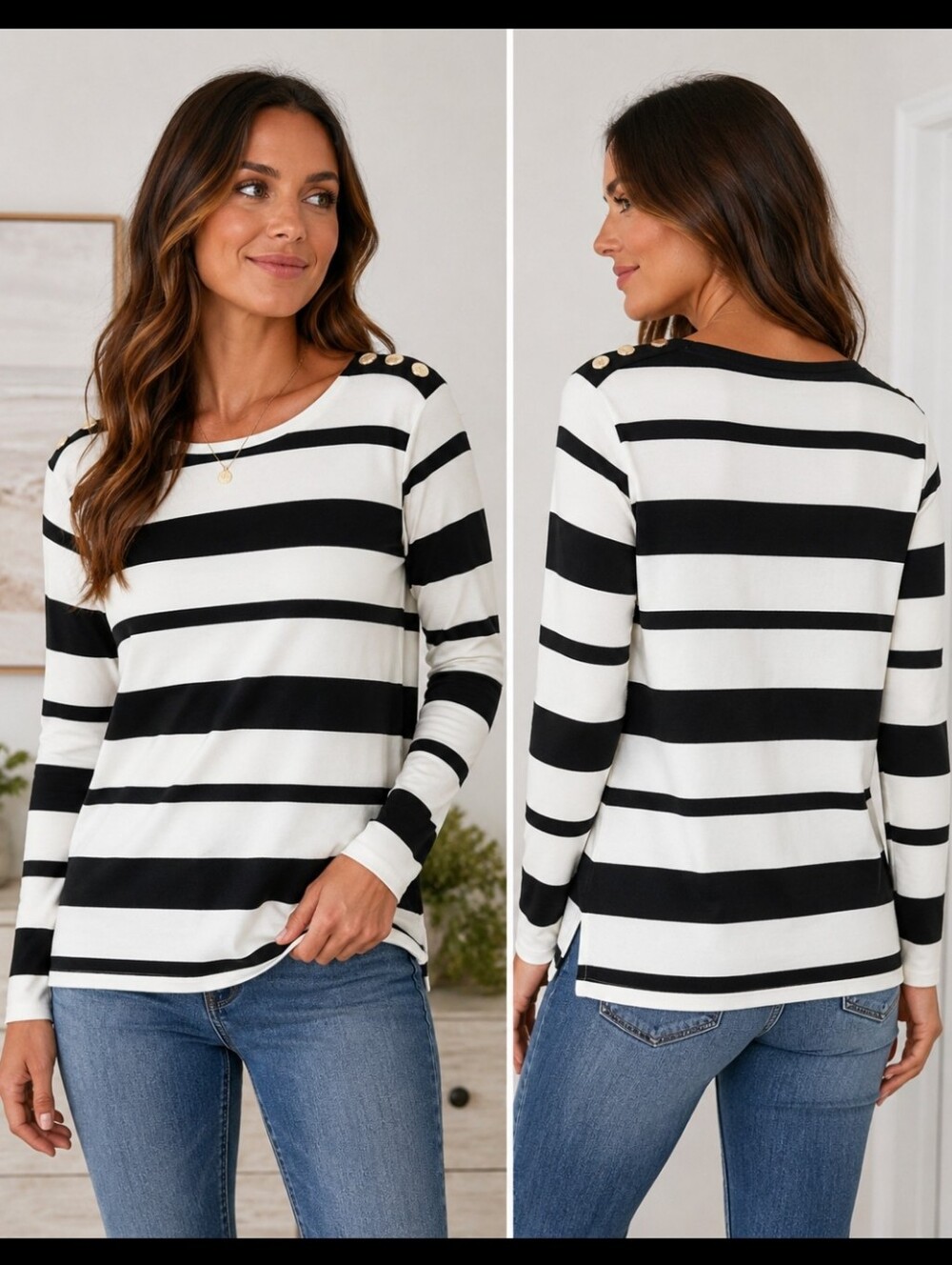 Laura Nautical Stripe Long Sleeve Top Medium Black White Gold Button Stretch NEW